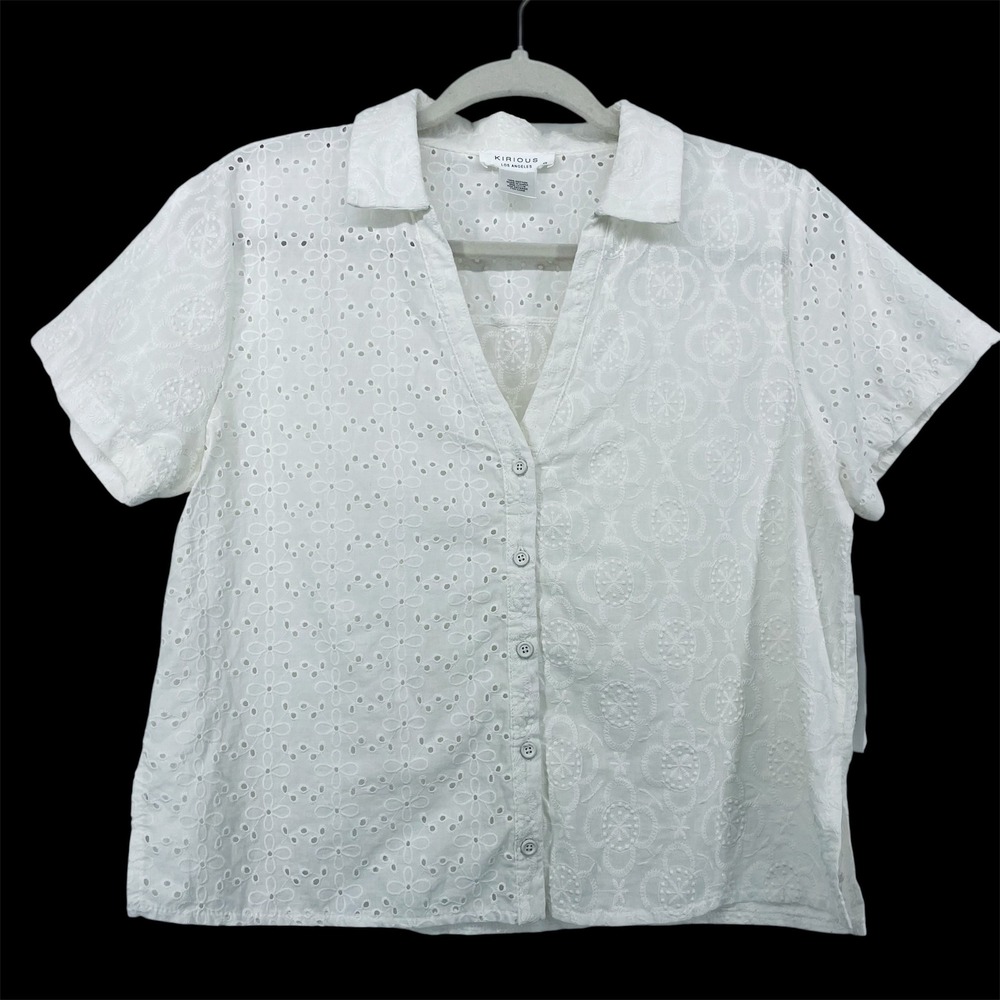 Kirious Size Medium White Eyelet Cotton Button Down Short Sleeve Blouse Boho Top